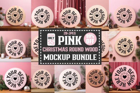 Christmas Pink Round Wood Mockup Bundle for Branding and Graphics
