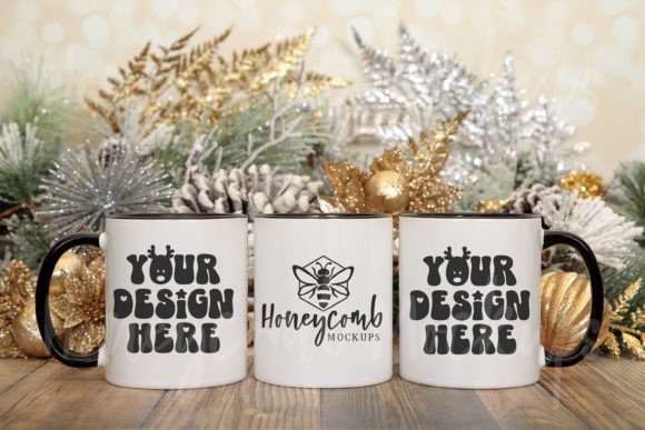 Three 11oz Black Accent Mugs Mockup - Graphics for Mugs Amp
