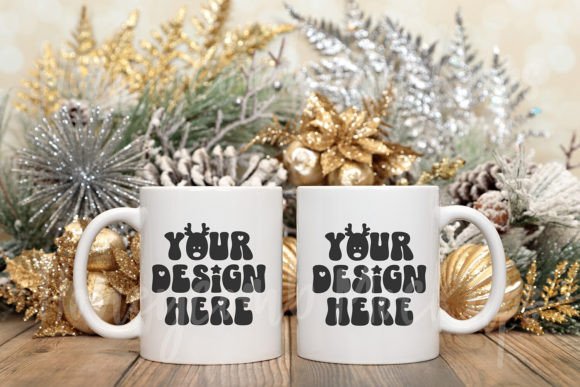 Two 11oz White Mugs Christmas Mockup for Graphics and Mugs Amp